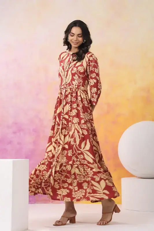 Crimson Bloom Maxi Russain Silk Dress