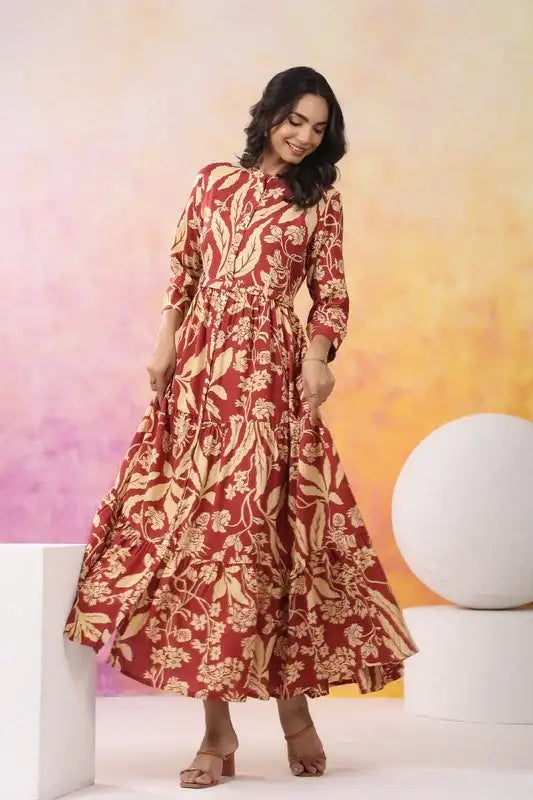 Crimson Bloom Maxi Russain Silk Dress