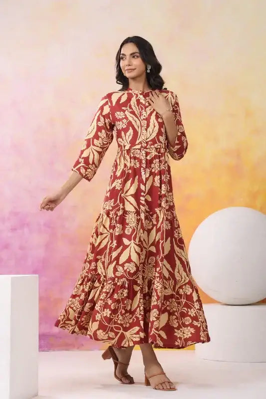 Crimson Bloom Maxi Russain Silk Dress