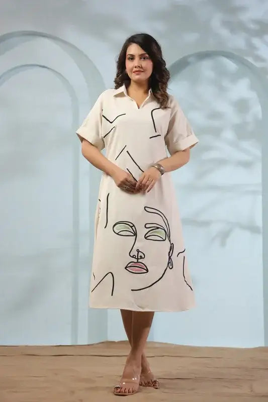 Line Art Floral Cotton Flex Dress