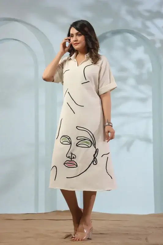 Line Art Floral Cotton Flex Dress