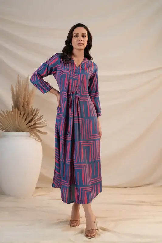 Indigo Maze Flared Russian Silk Dress