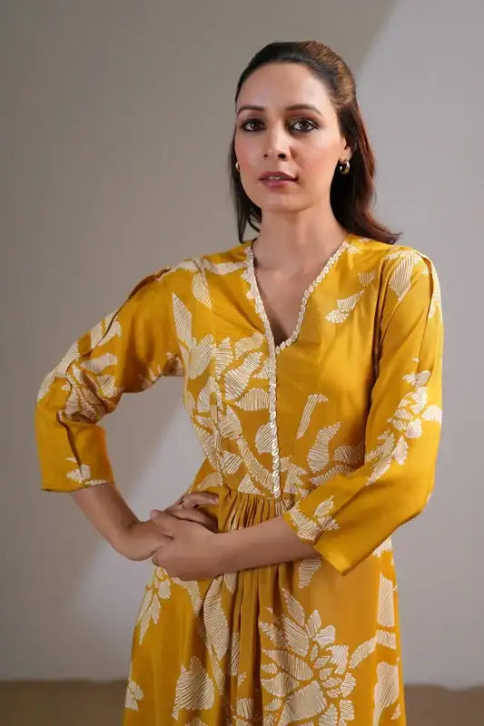 Mustard Floral Boho Russian Silk Dress