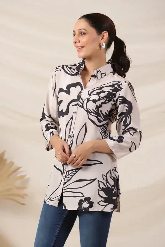 Elegant Cream & Black Botanical Print Russian Silk Top