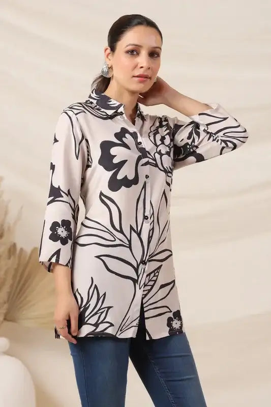 Elegant Cream & Black Botanical Print Russian Silk Top