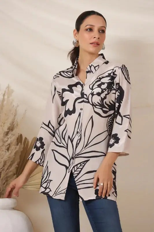 Elegant Cream & Black Botanical Print Russian Silk Top