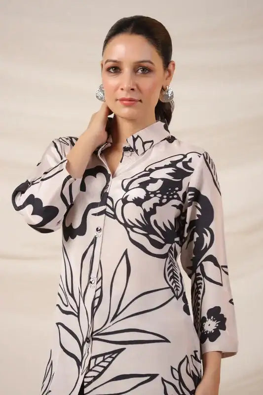 Elegant Cream & Black Botanical Print Russian Silk Top