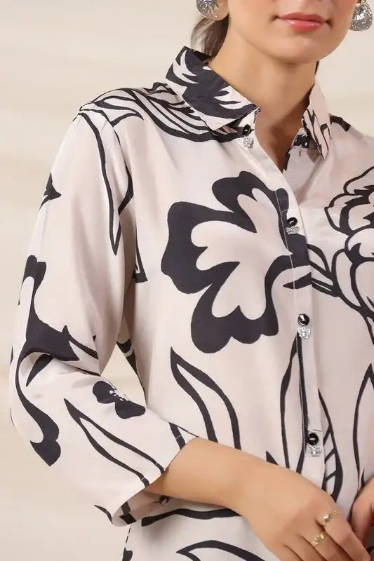 Elegant Cream & Black Botanical Print Russian Silk Top