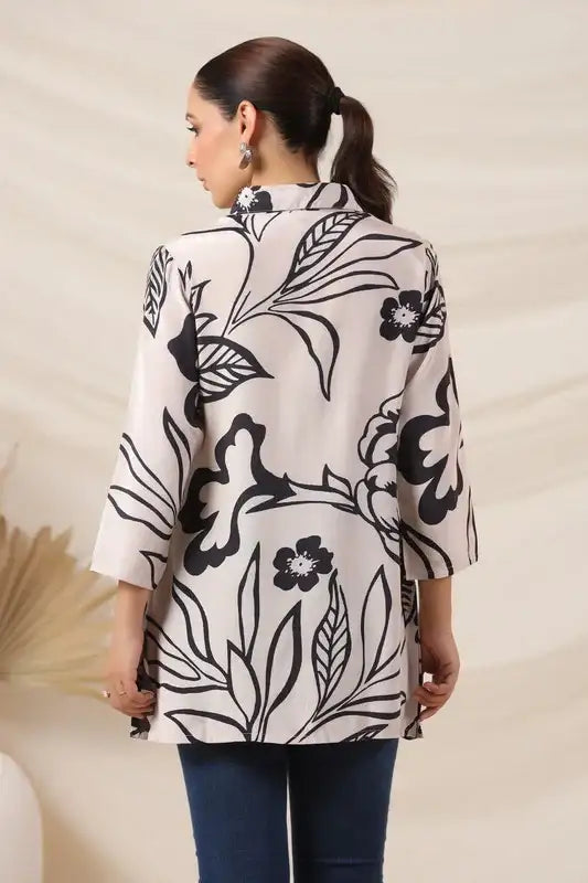 Elegant Cream & Black Botanical Print Russian Silk Top