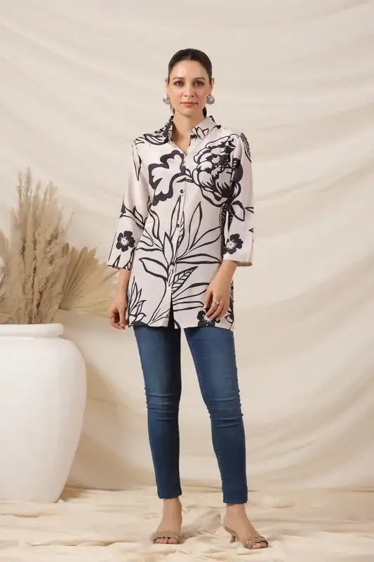 Elegant Cream & Black Botanical Print Russian Silk Top