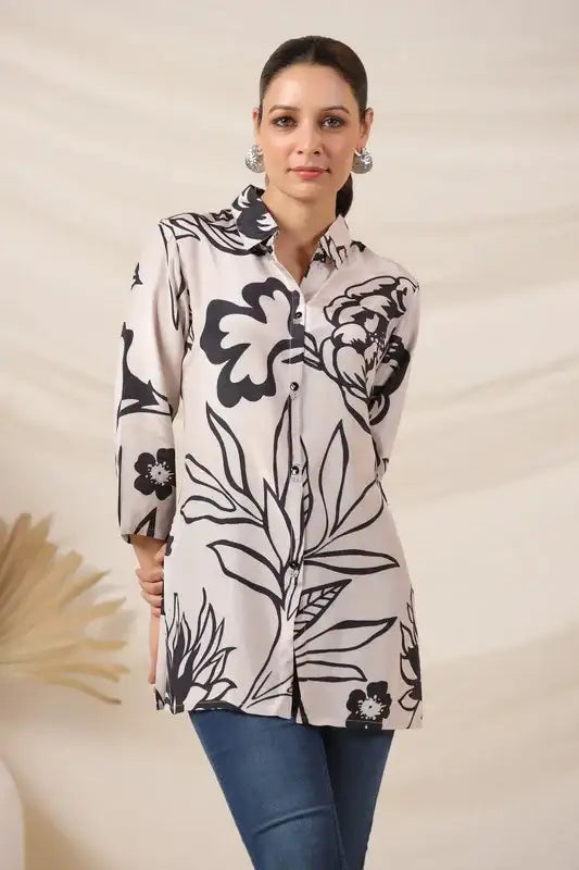 Elegant Cream & Black Botanical Print Russian Silk Top