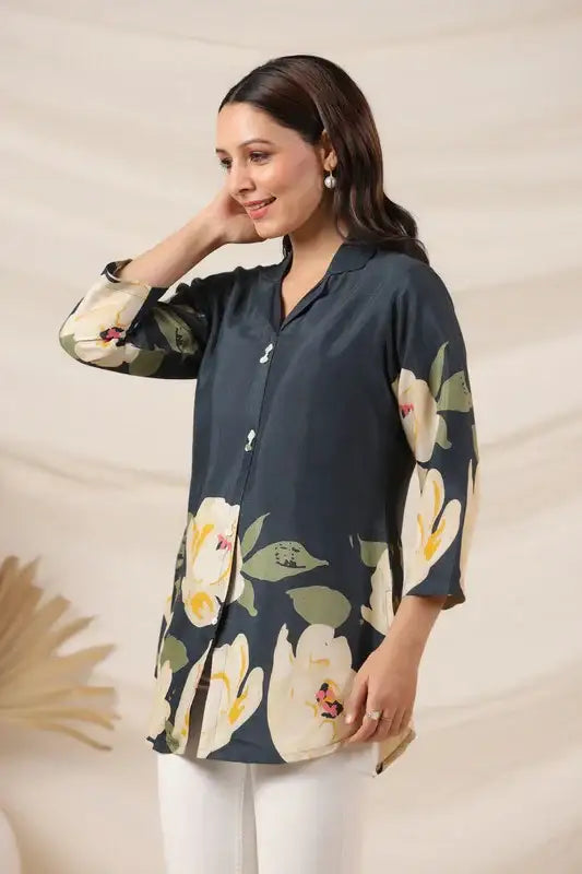 Garden Blue Floral Russian Silk Top