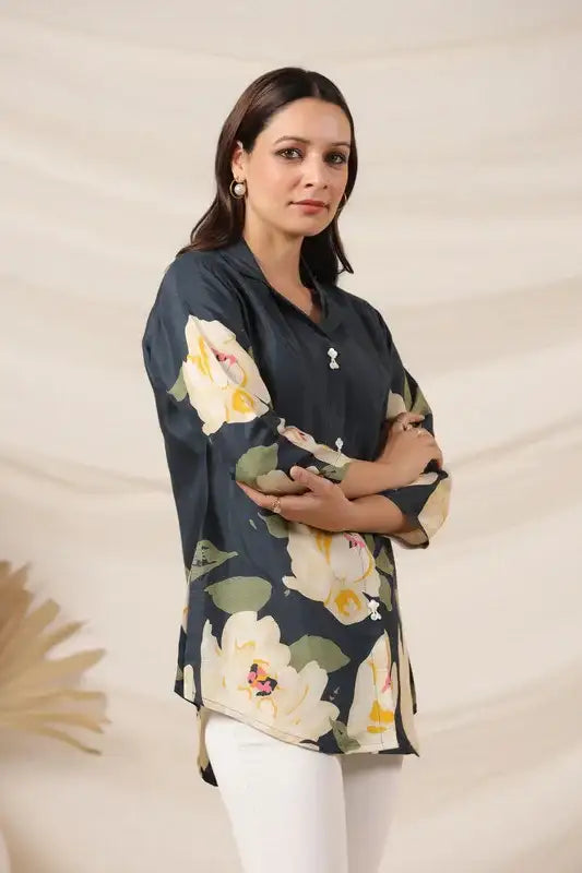 Garden Blue Floral Russian Silk Top