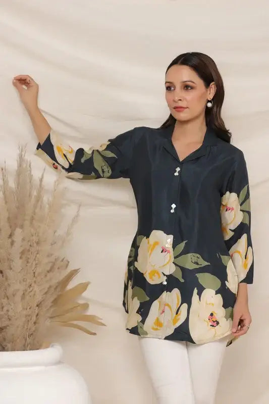 Garden Blue Floral Russian Silk Top