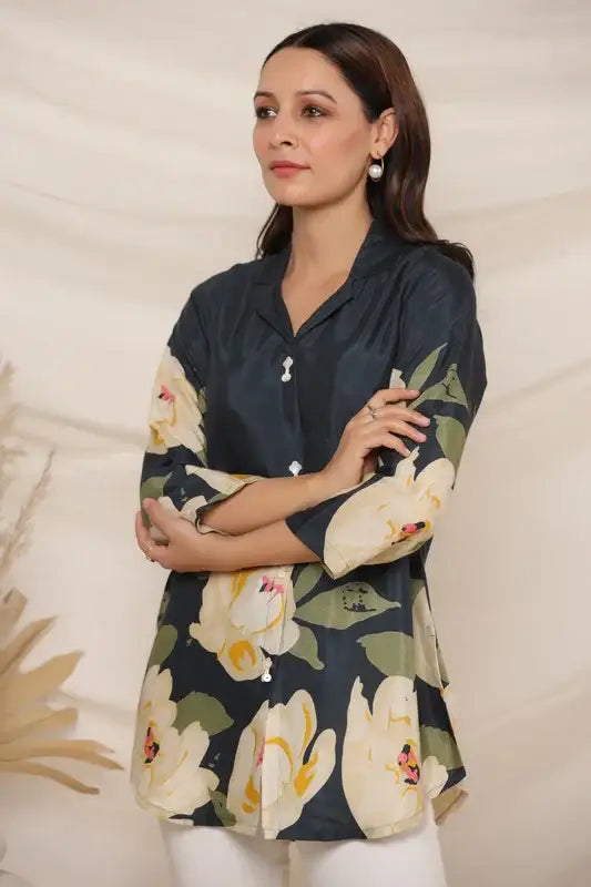 Garden Blue Floral Russian Silk Top