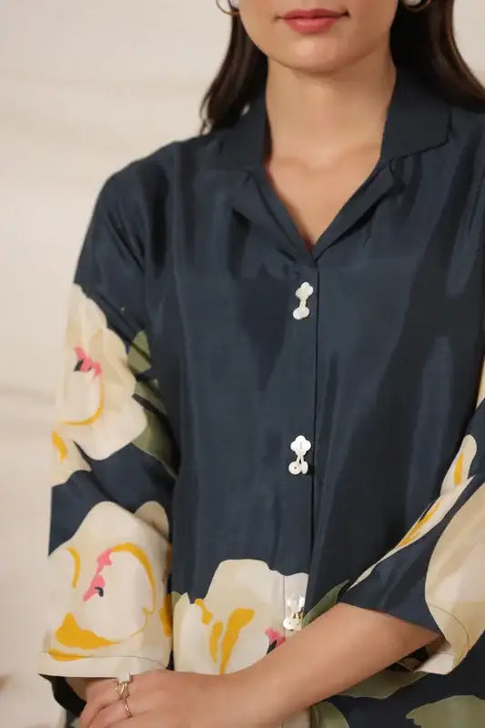 Garden Blue Floral Russian Silk Top