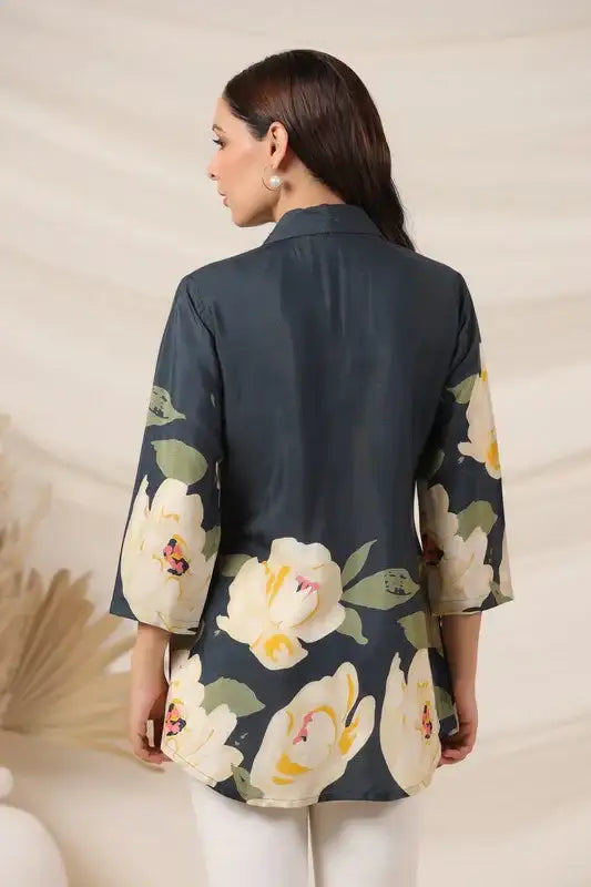 Garden Blue Floral Russian Silk Top