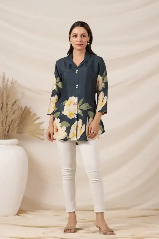 Garden Blue Floral Russian Silk Top