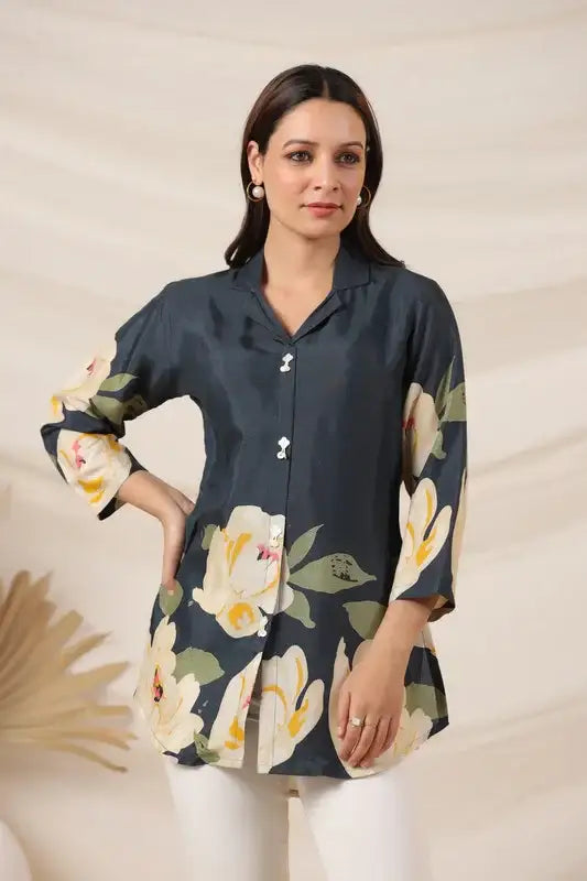 Garden Blue Floral Russian Silk Top