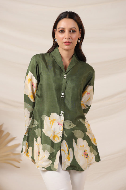 Moss Green Russian Silk Floral Top