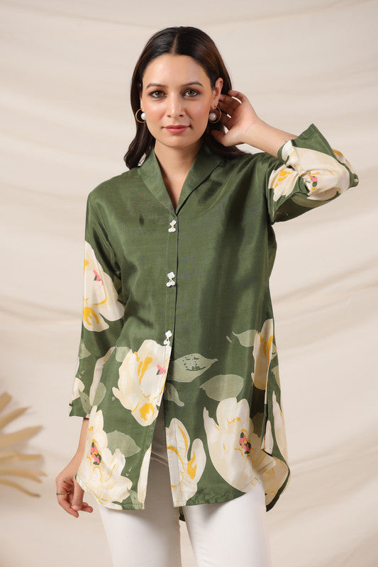 Moss Green Russian Silk Floral Top