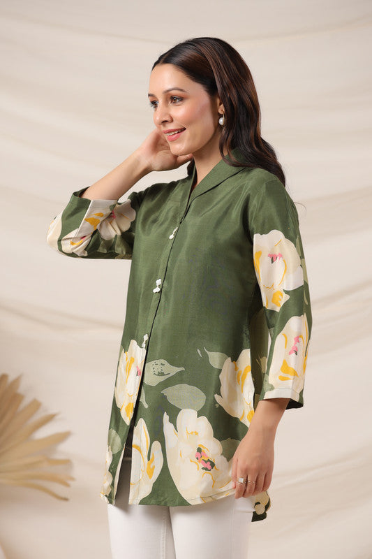 Moss Green Russian Silk Floral Top