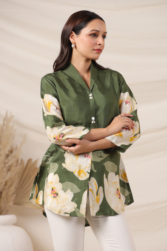 Moss Green Russian Silk Floral Top