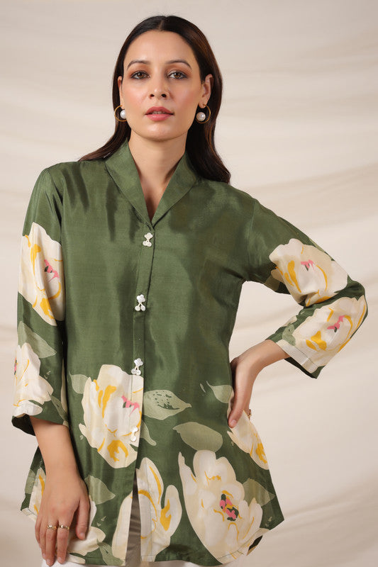 Moss Green Russian Silk Floral Top