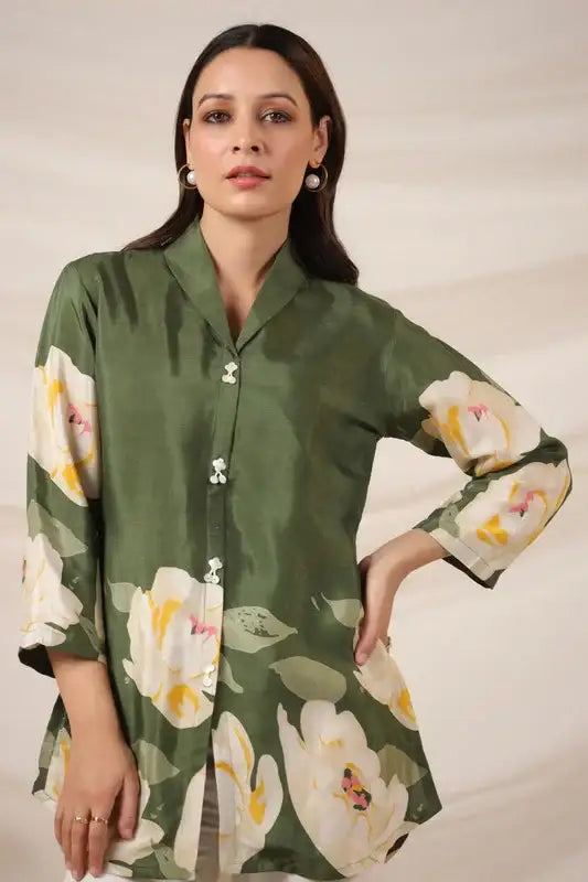 Moss Green Russian Silk Floral Top