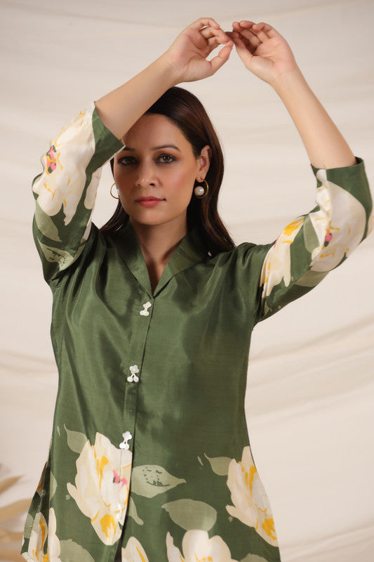 Moss Green Russian Silk Floral Top