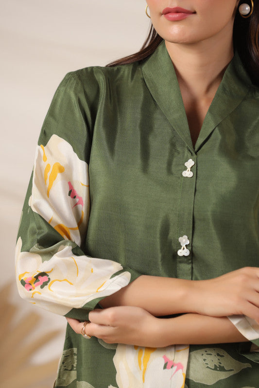 Moss Green Russian Silk Floral Top