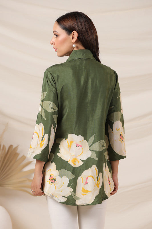 Moss Green Russian Silk Floral Top