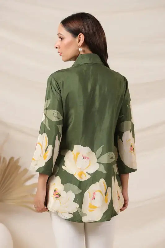 Moss Green Russian Silk Floral Top