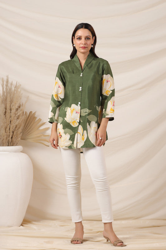 Moss Green Russian Silk Floral Top