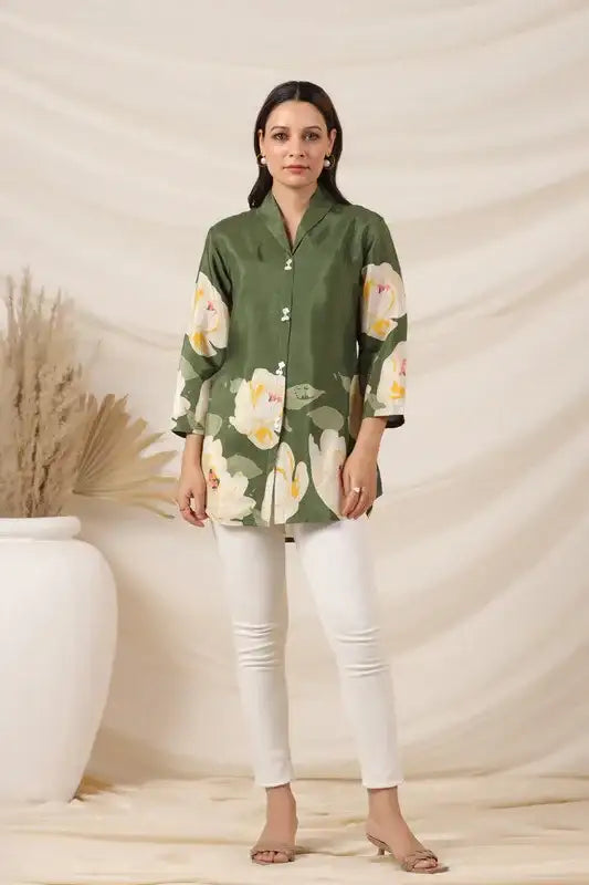 Moss Green Russian Silk Floral Top