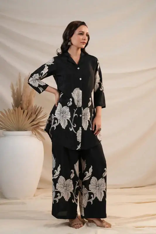 Black Blossom Russian Silk Co-ord Set