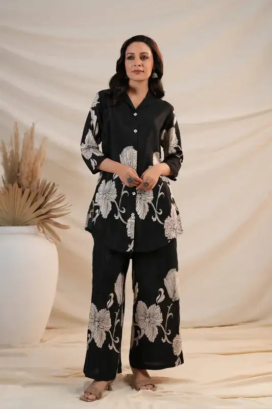 Black Blossom Russian Silk Co-ord Set