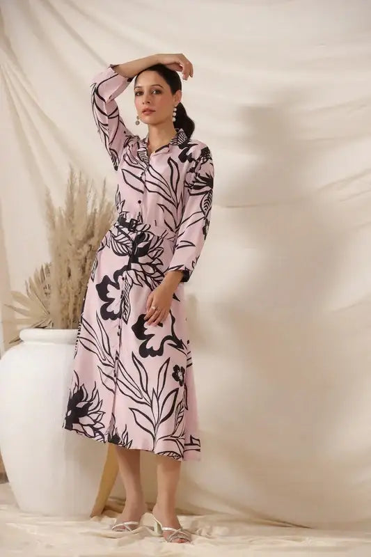 Rosé Ink Russian Silk Belted Dress