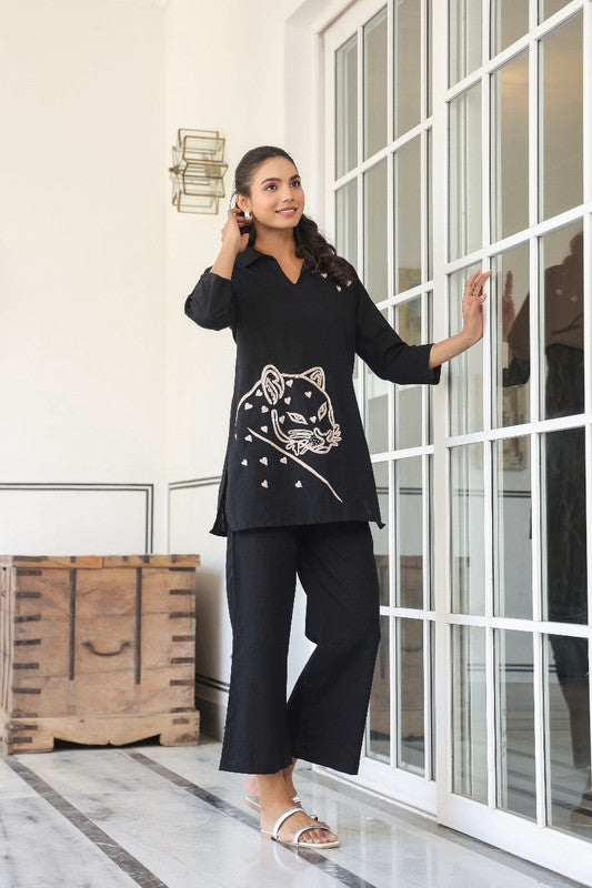 Black Hand-Embroidered Leopard Cotton Top