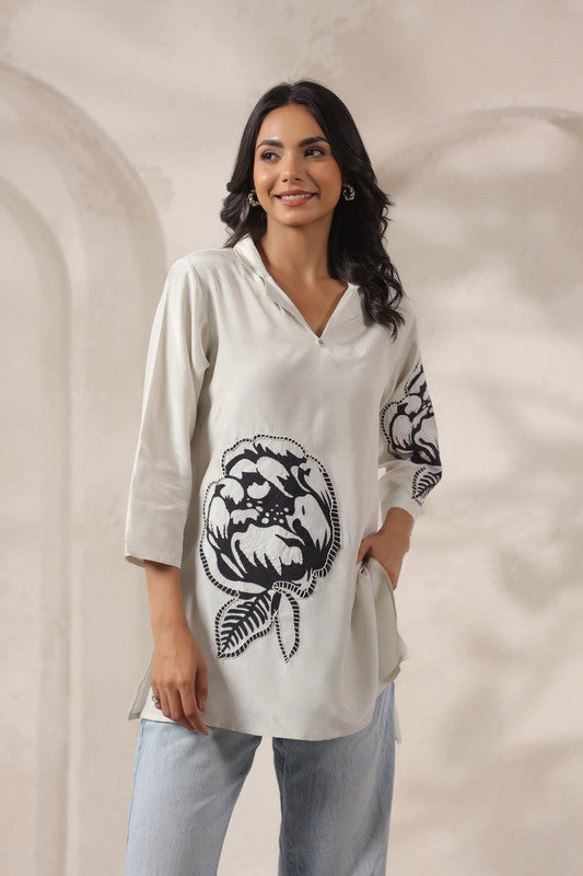 Floral Embroidered Tunic White Russian Silk Top