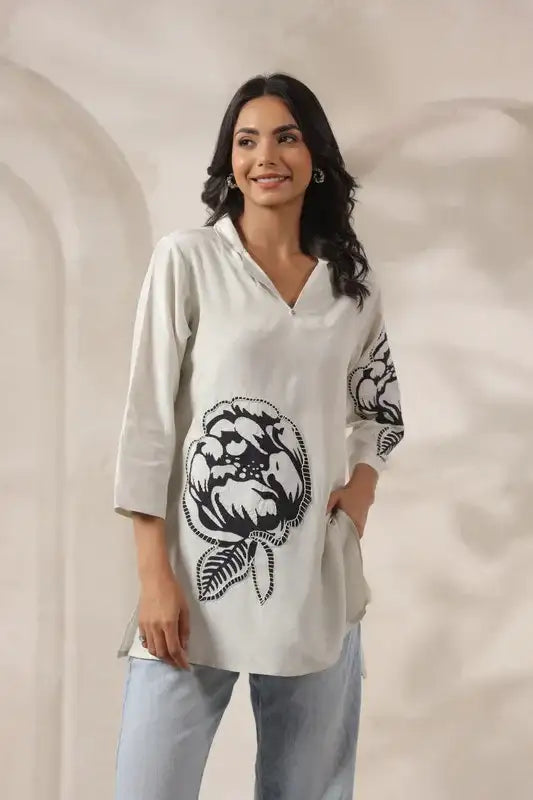 Floral Embroidered Tunic White Russian Silk Top