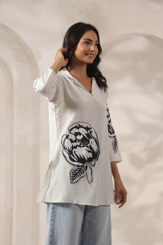 Floral Embroidered Tunic White Russian Silk Top