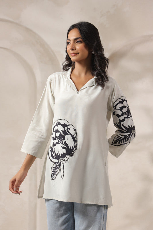 Floral Embroidered Tunic White Russian Silk Top