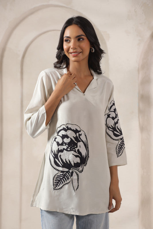 Floral Embroidered Tunic White Russian Silk Top