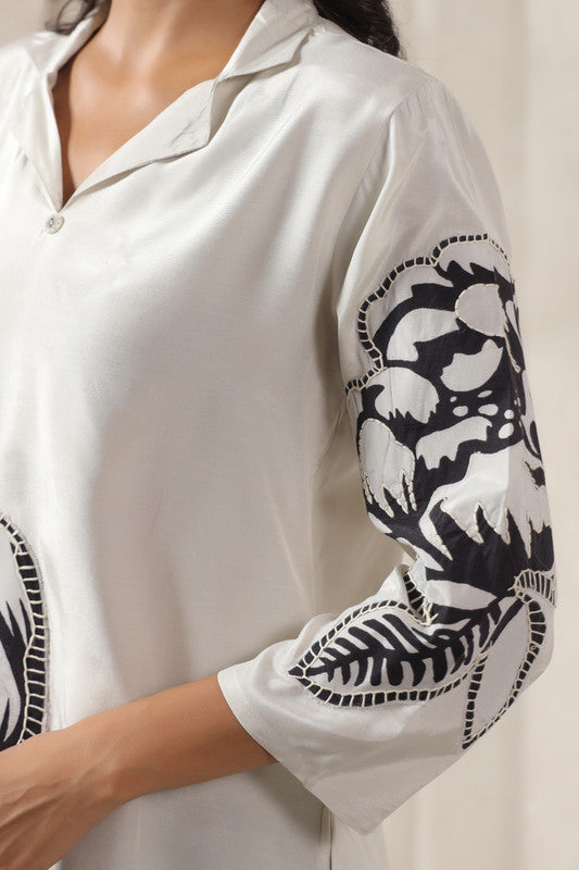 Floral Embroidered Tunic White Russian Silk Top