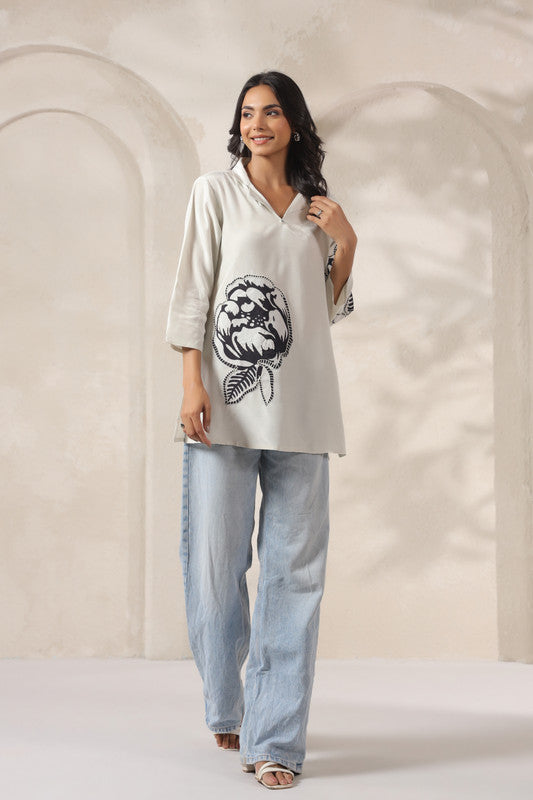 Floral Embroidered Tunic White Russian Silk Top
