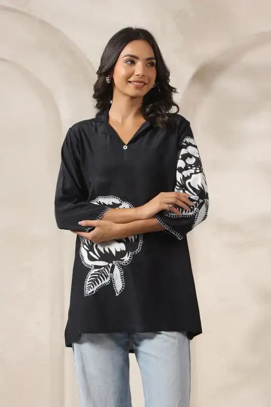 Contemporary Black Appliqué Russian Silk Top