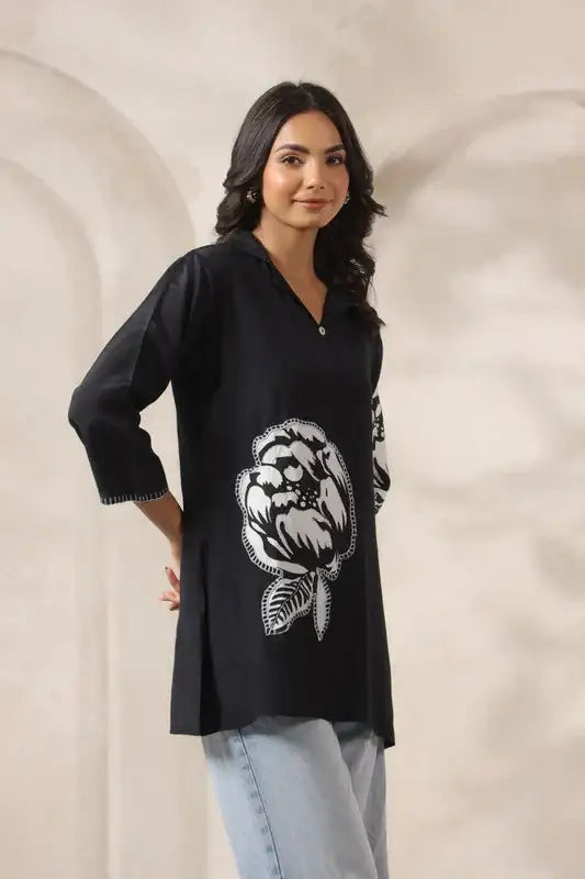 Contemporary Black Appliqué Russian Silk Top