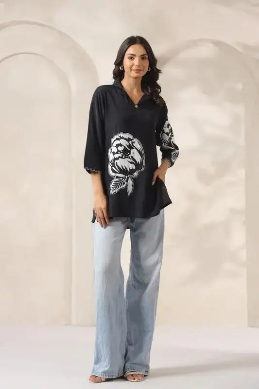 Contemporary Black Appliqué Russian Silk Top