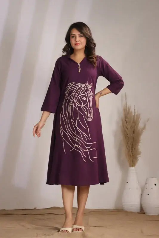 Plum Horse Embroidery Cotton Flex Dress